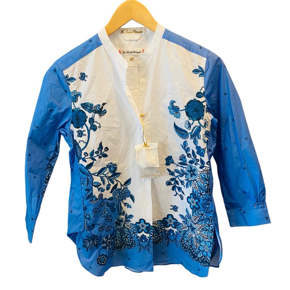 LE SARTE PETTEGOLE NWT White Blue Floral Long Sleeve Popover